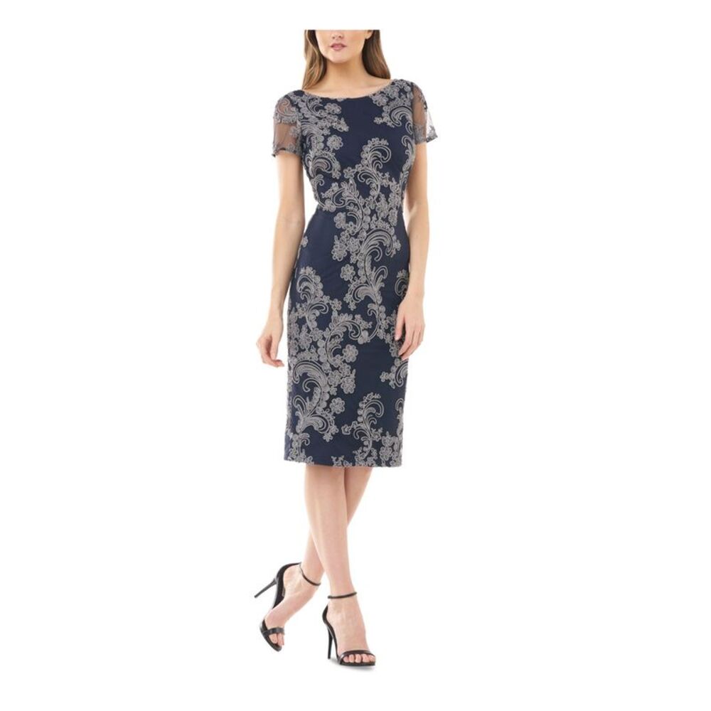 JS COLLECTION Womens Navy Short Sleeve Below The Knee Cocktail Sheath Dress 2